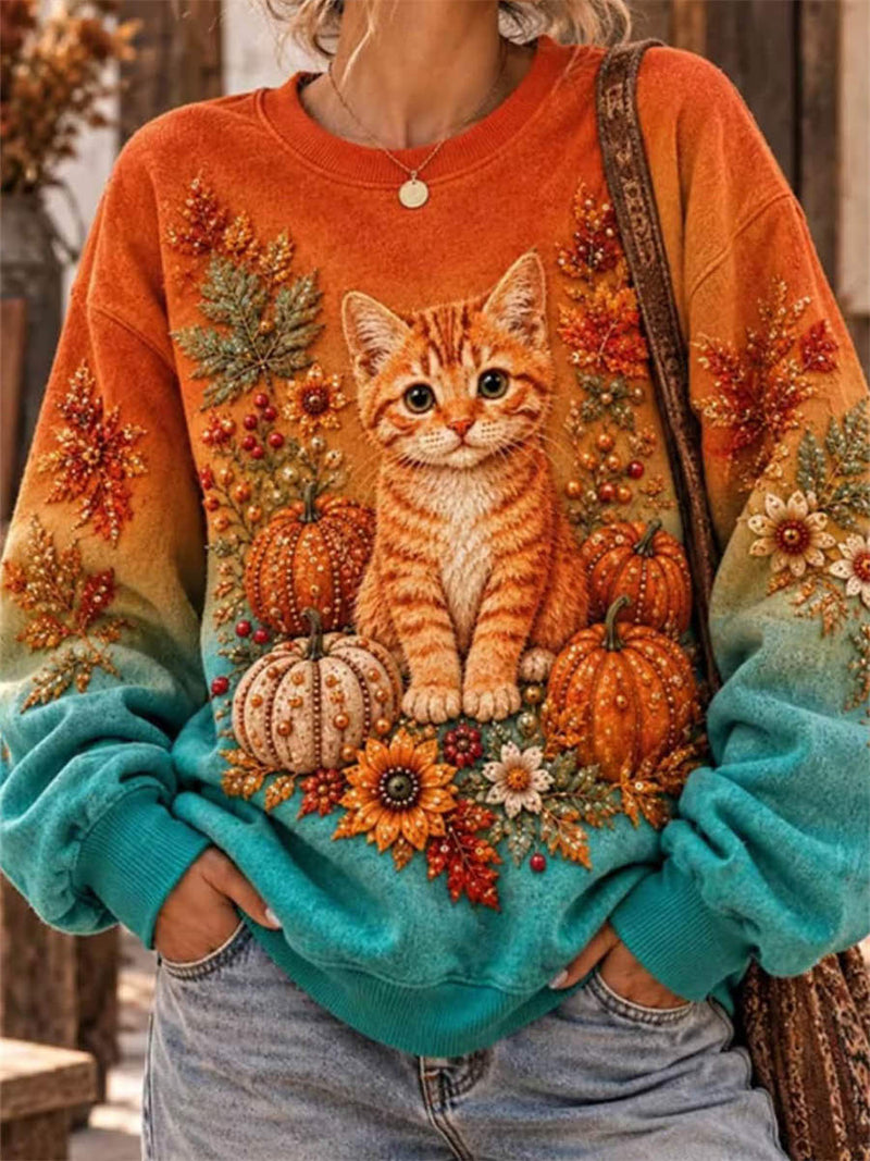 Women's Halloween Orange Cat Pumpkin Print Round Neck Long Sleeve Sweatshirt
