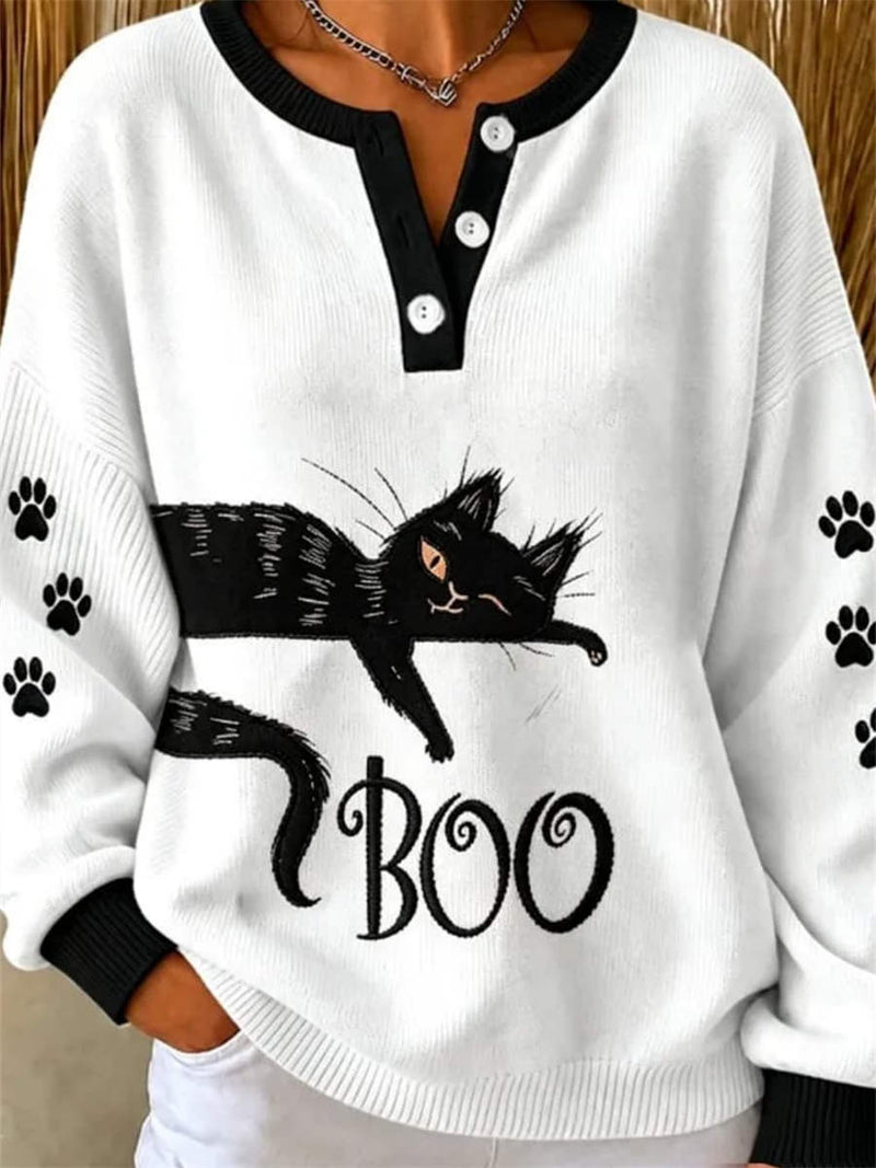 Women's White Black Cat Boo Print Henley Neck Long Sleeve Sweater