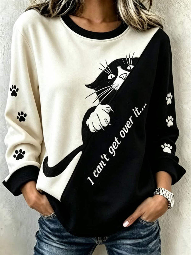 Women's Beige Black Cat Print Round Neck Long Sleeve Sweatshirt