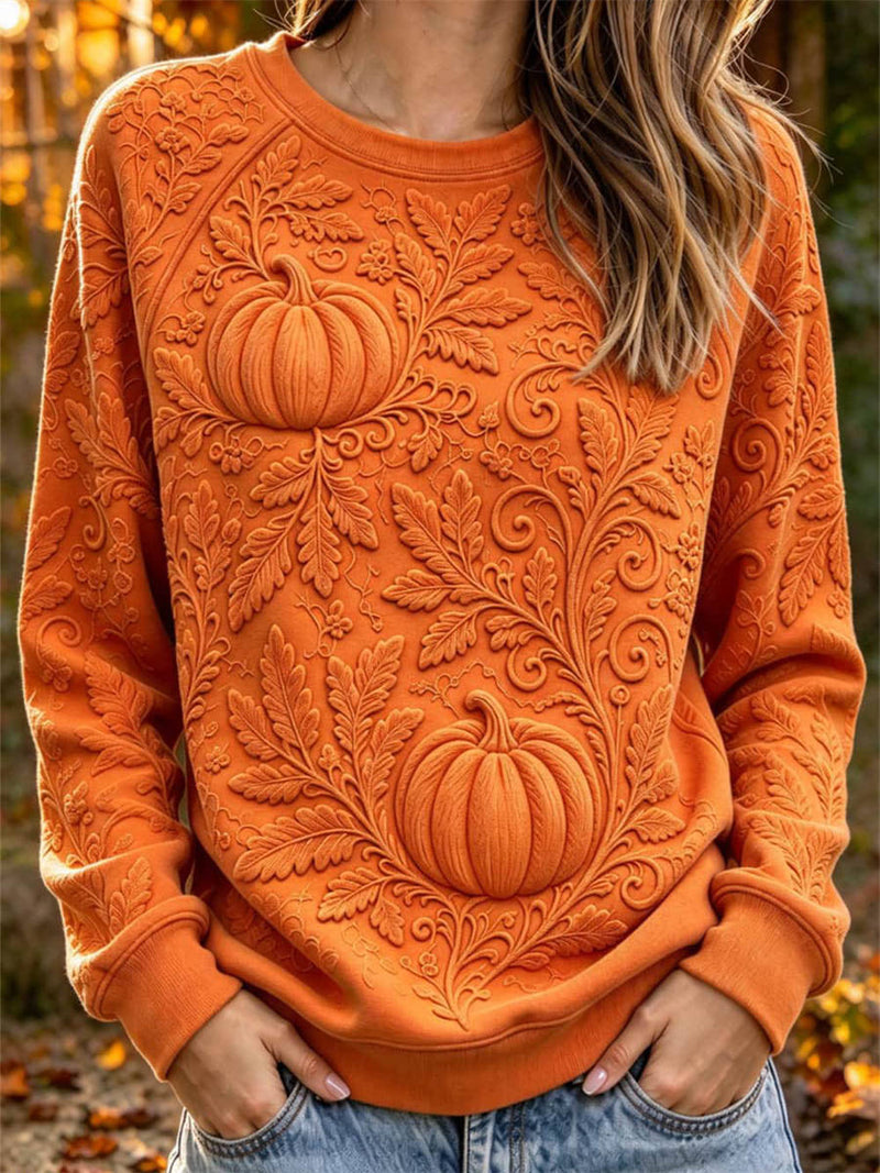 Women's Halloween Orange Pumpkin Print Round Neck Long Sleeve Sweatshirt