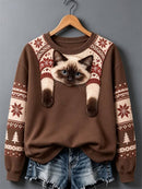 Women's Brown Cat Print Round Neck Long Sleeve Sweatshirt