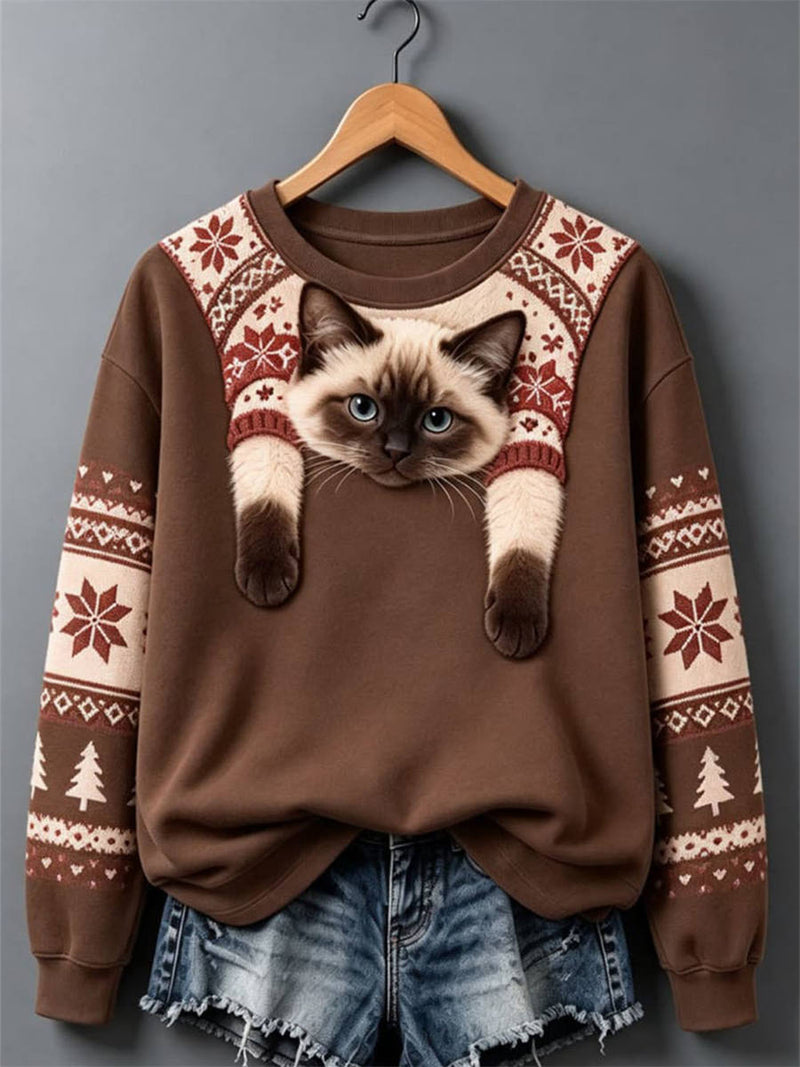 Women's Brown Cat Print Round Neck Long Sleeve Sweatshirt
