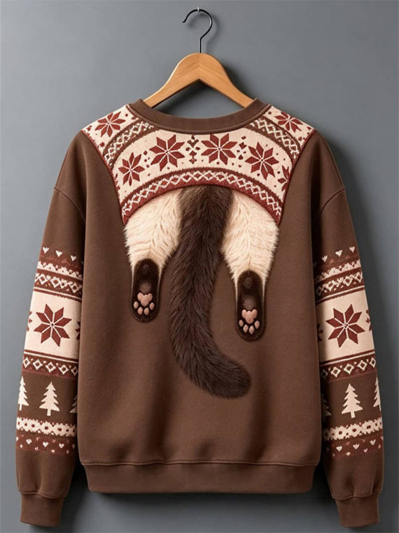 Women's Brown Cat Print Round Neck Long Sleeve Sweatshirt