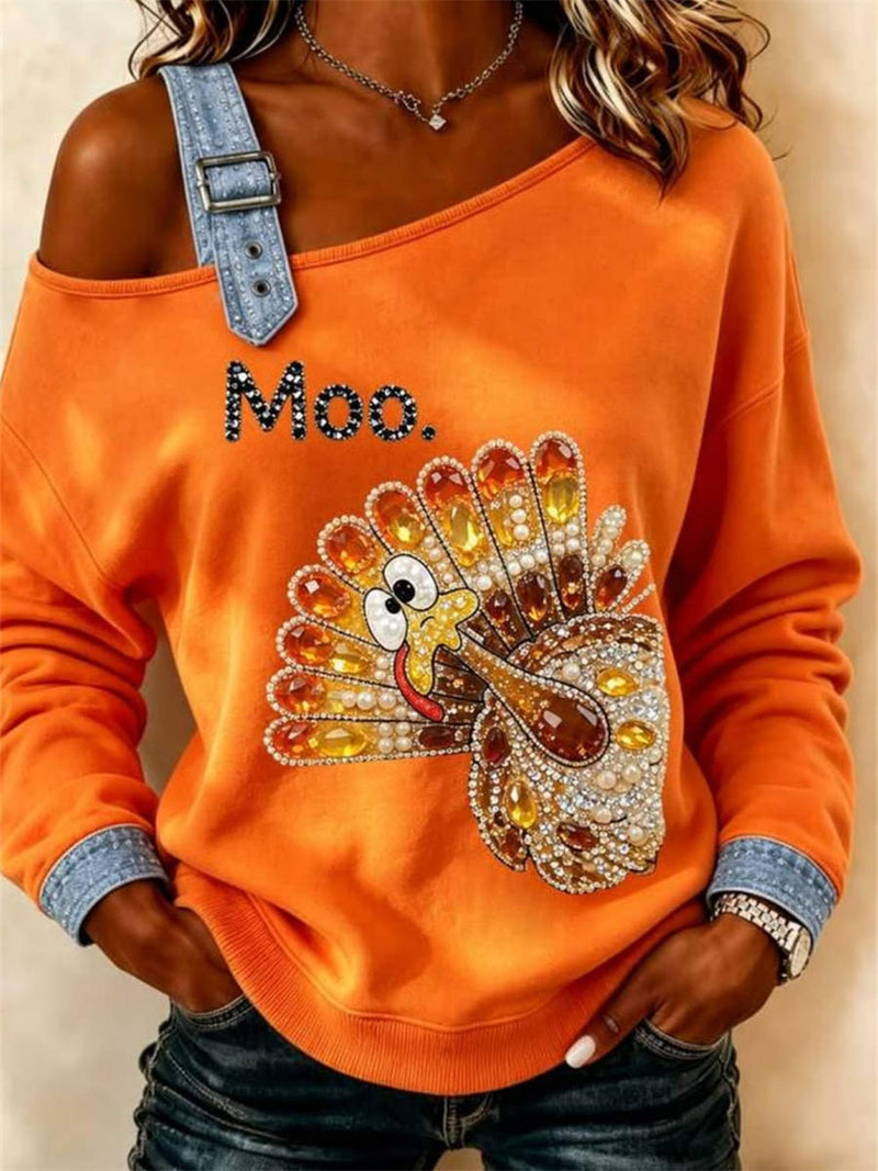 Women's Thanksgiving Orange Turkey Print Cold Shoulder Long Sleeve Sweatshirt