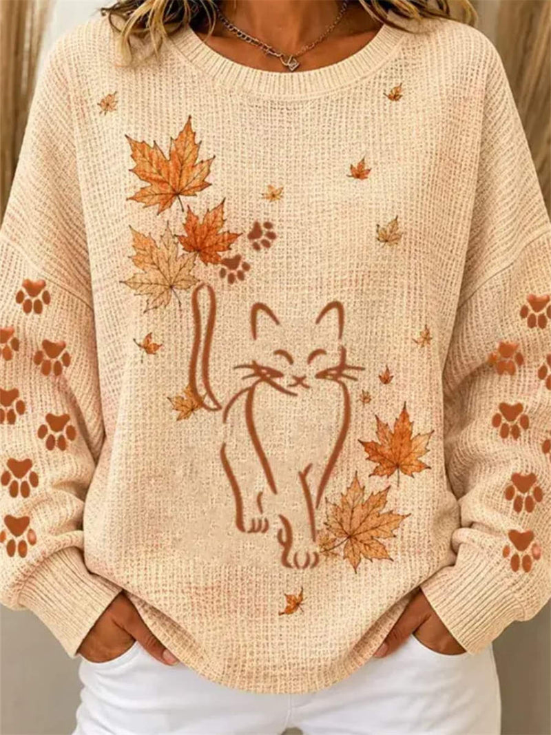 Women's Beige Cat Leaf Print Round Neck Long Sleeve Sweatshirt