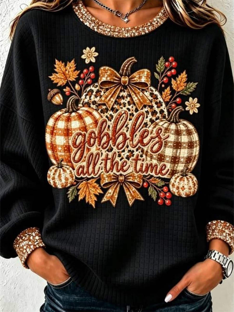 Women's Thanksgiving Black Pumpkin Print Round Neck Long Sleeve Sweatshirt