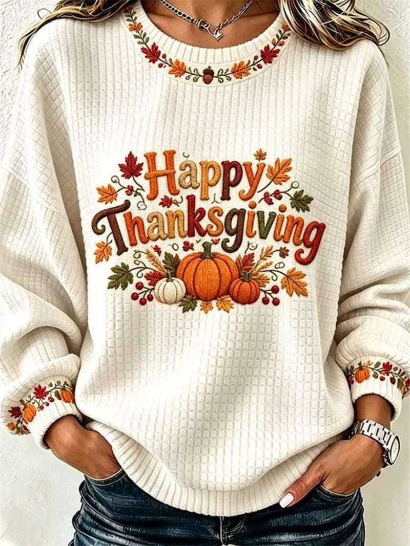 Women's Thanksgiving White Pumpkin Print Round Neck Long Sleeve Sweatshirt