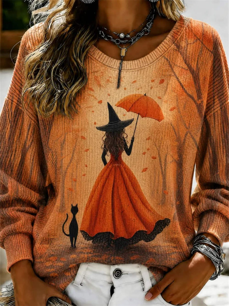 Women's Halloween Orange Witch Cat Print Round Neck Long Sleeve Sweatshirt