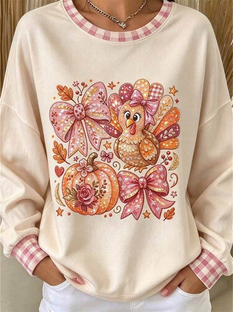 Women's Thanksgiving Beige Turkey Pumpkin Print Round Neck Long Sleeve Sweatshirt