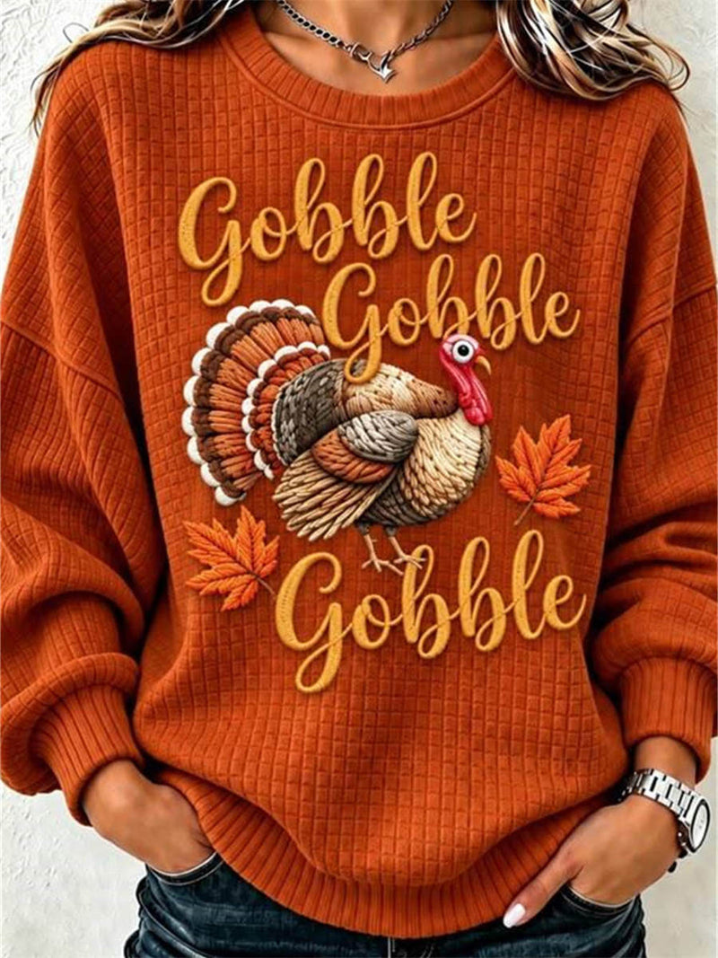 Women's Thanksgiving Orange Turkey Print Round Neck Long Sleeve Sweatshirt