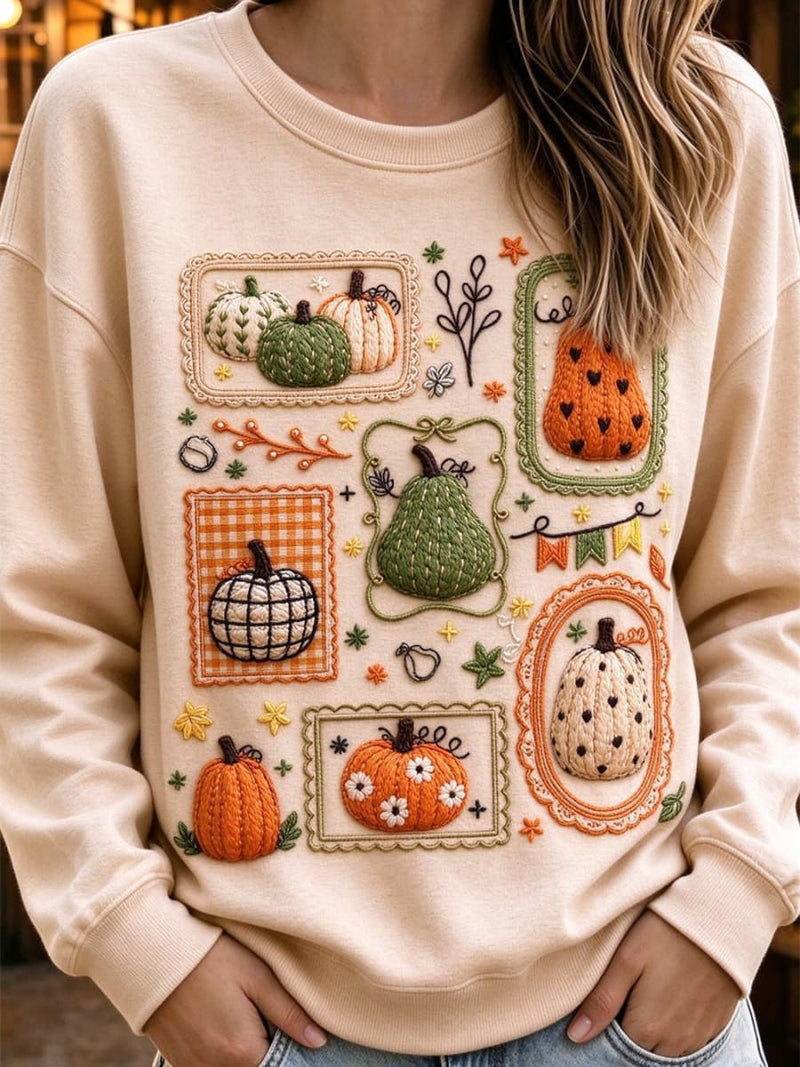 Women's Thanksgiving Beige Pumpkin Print Round Neck Long Sleeve Sweatshirt
