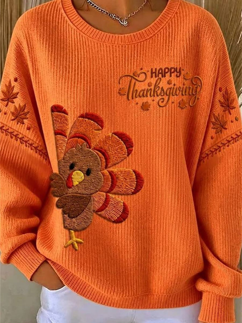 Women's Thanksgiving Orange Turkey Print Round Neck Long Sleeve Sweatshirt