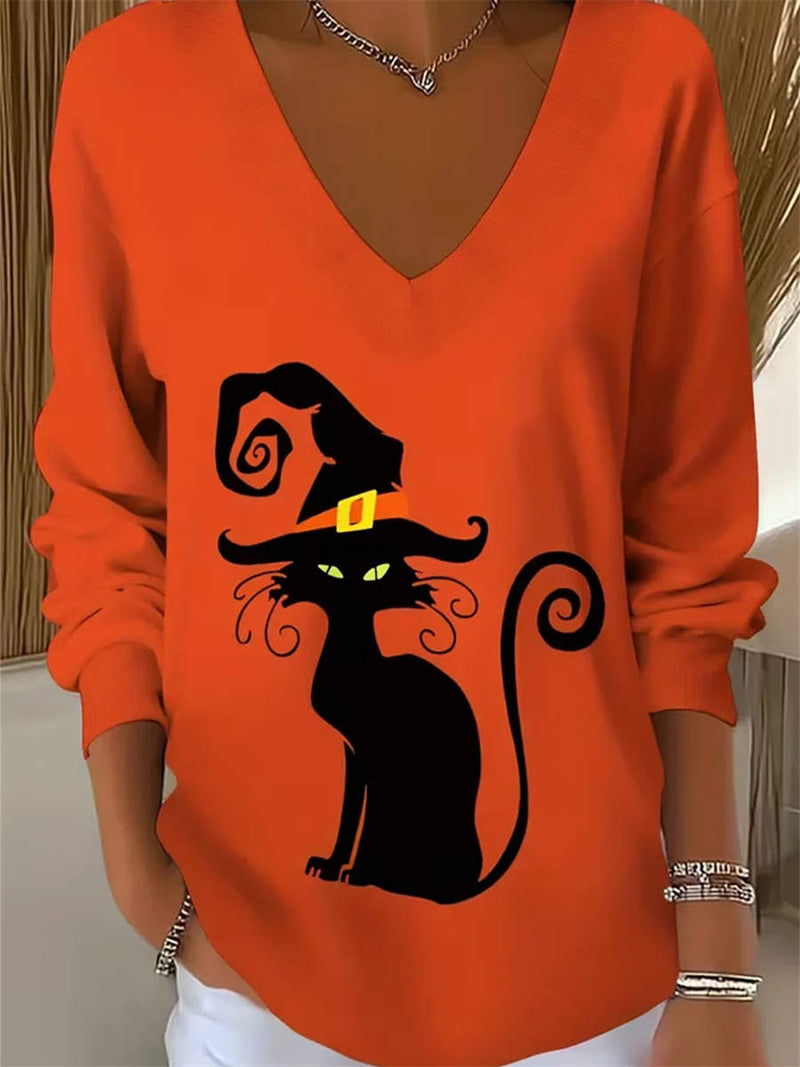 Women's Halloween Orange Witch Cat Print V Neck Long Sleeve Sweatshirt