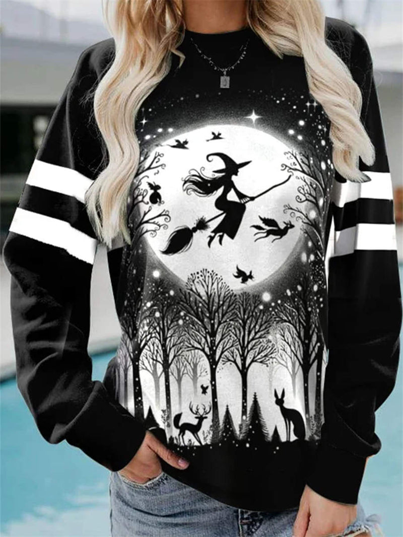 Women's Halloween Black Witch Moon Forest Print Striped Long Sleeve Sweatshirt