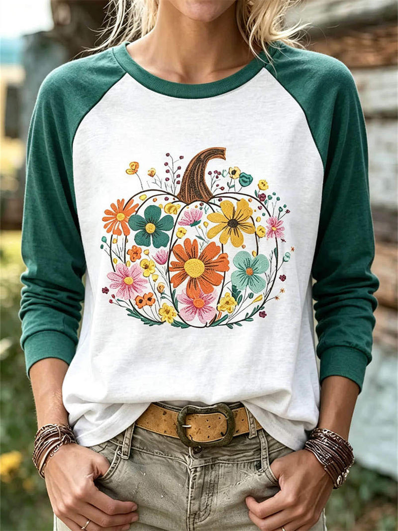 Women's Halloween Multi Floral Pumpkin Round Neck Raglan Sleeve Top