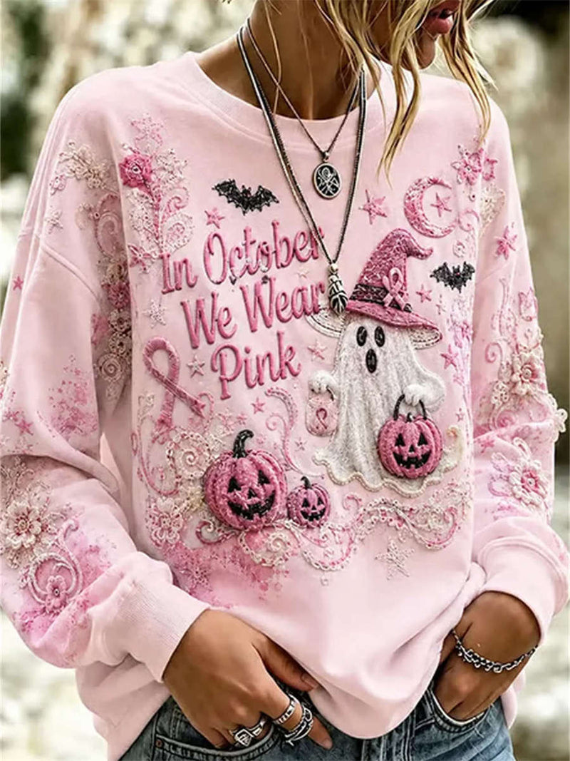 Women's Halloween Pink Ghost Pumpkin Round Neck Long Sleeve Sweatshirt