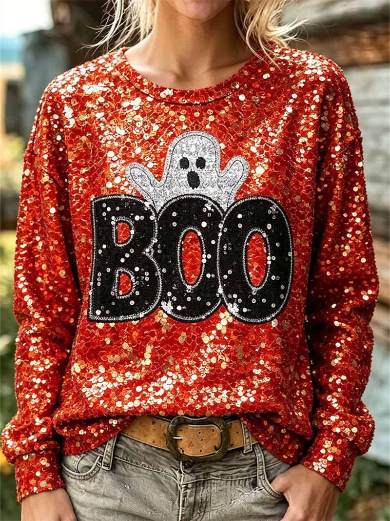 Women's Halloween Orange Boo Ghost Round Neck Long Sleeve Sweatshirt