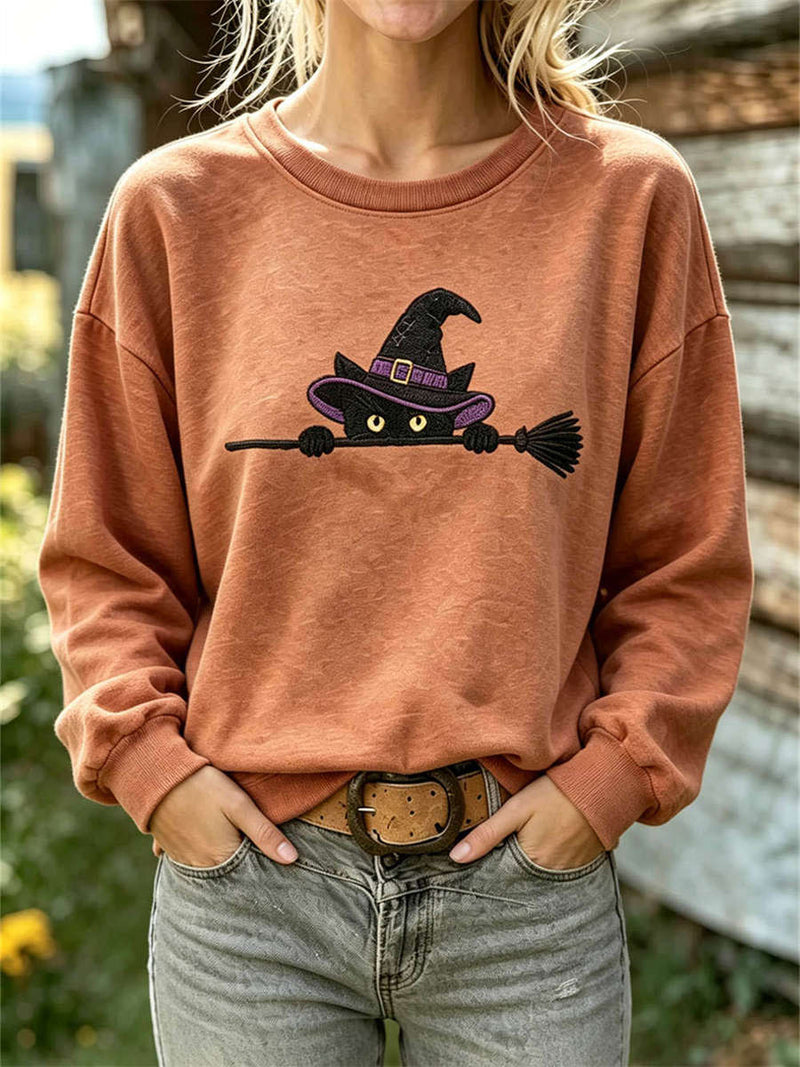 Women's Halloween Orange Witch Cat Print Round Neck Long Sleeve Sweatshirt
