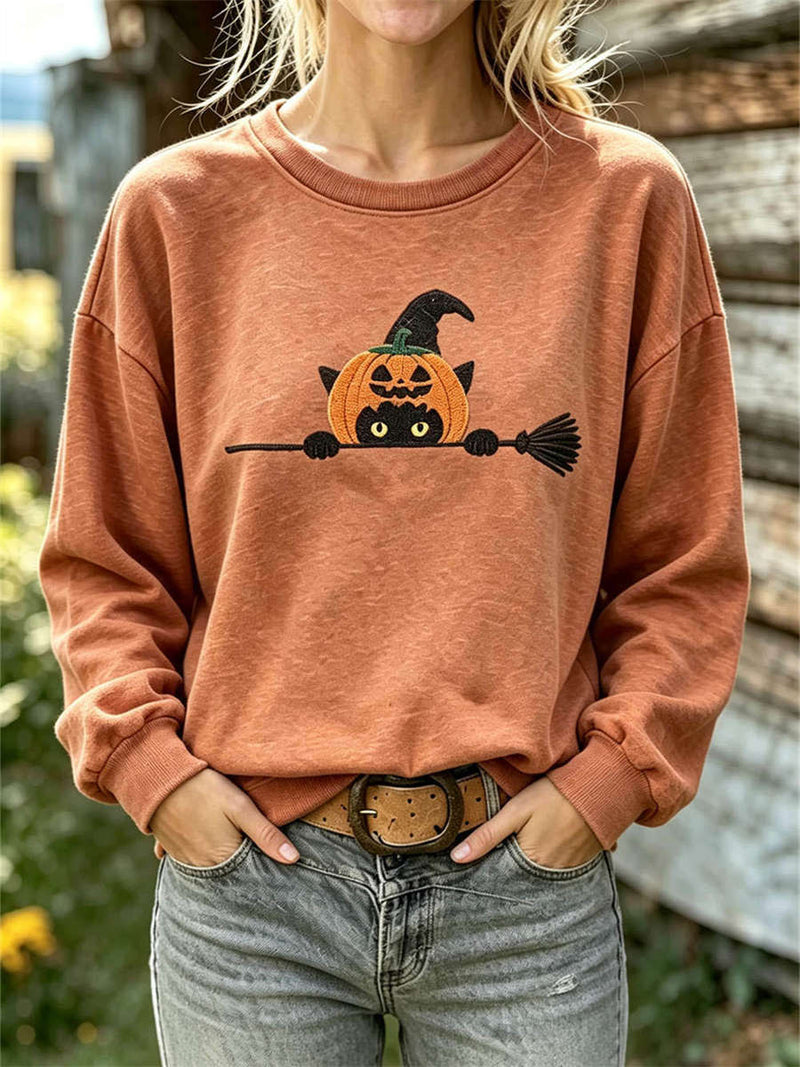 Women's Halloween Orange Pumpkin Cat Print Round Neck Long Sleeve Sweatshirt
