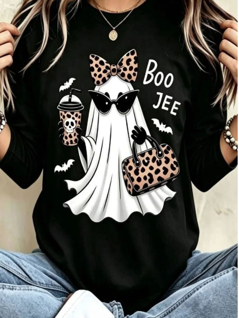 Women's Halloween Black Ghost Print Round Neck 3/4 Sleeves Top