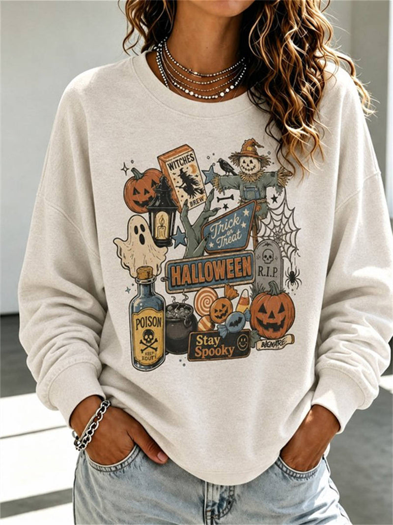 Women's Halloween Oatmeal Vintage Halloween Element Print Round Neck Long Sleeve Top