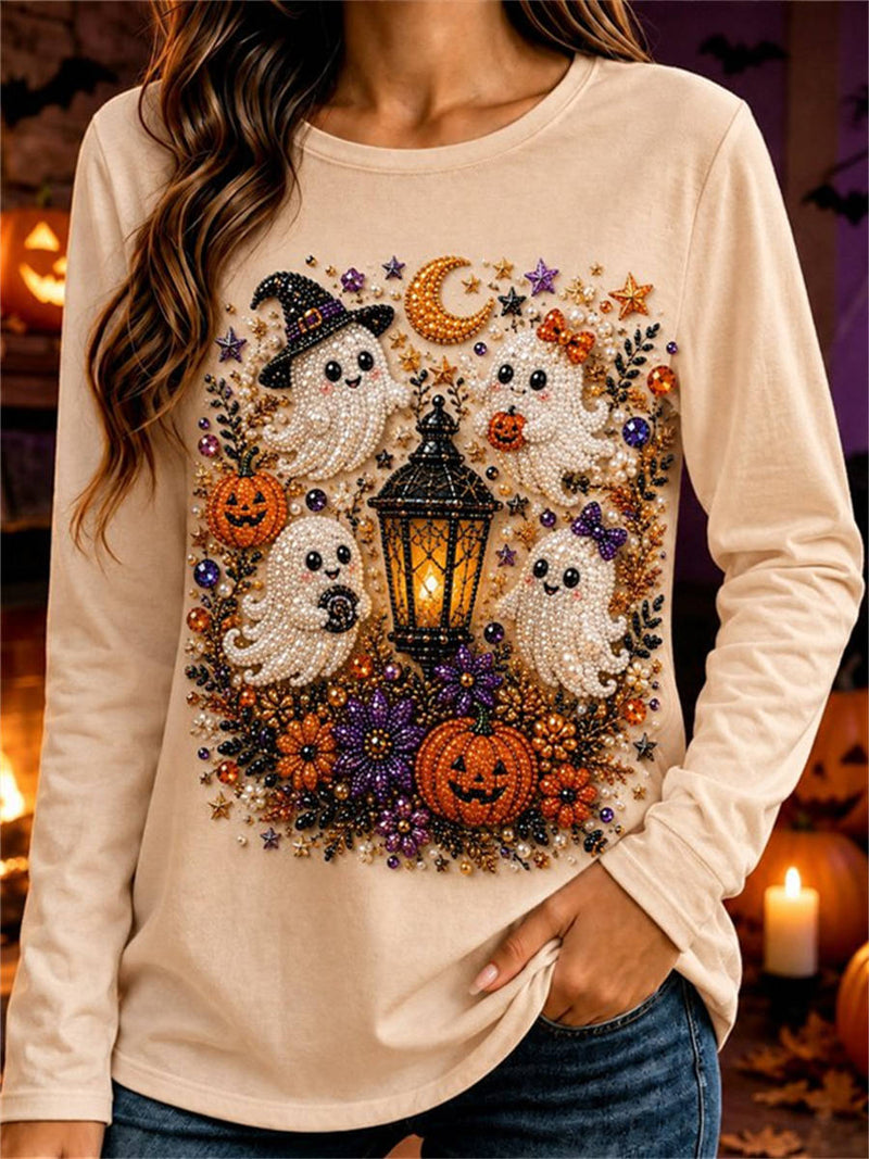 Women's Halloween Beige Faux Beaded Ghost Pumpkin Lantern Print Round Neck Long Sleeve Top