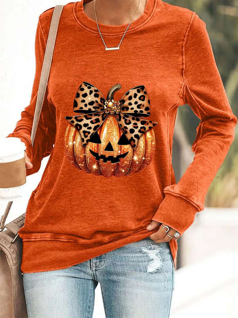 Women's Halloween Orange Leopard Bow Pumpkin Print Round Neck Top
