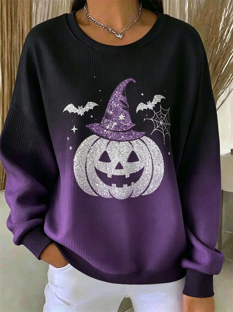 Women's Halloween Black Purple Gradient Pumpkin Witch Hat Print Crew Neck Long Sleeve Top