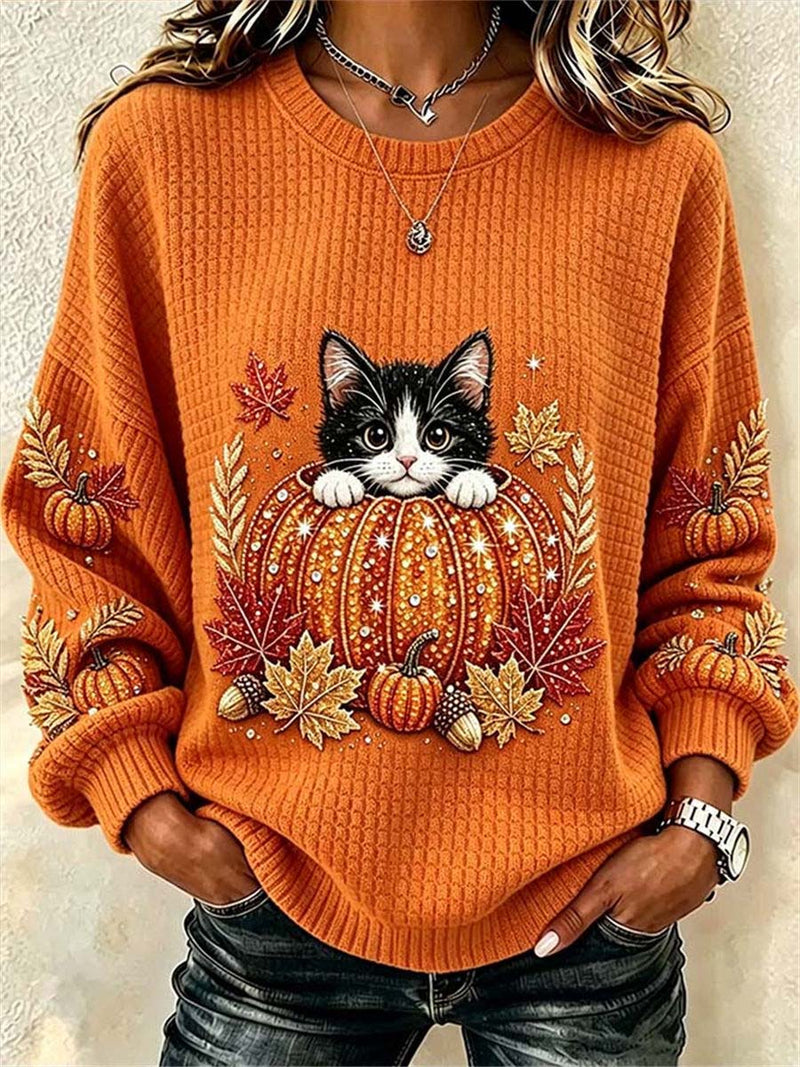Women's Halloween Orange Cat Pumpkin Maple Leaf Print Crew Neck Long Sleeve Top