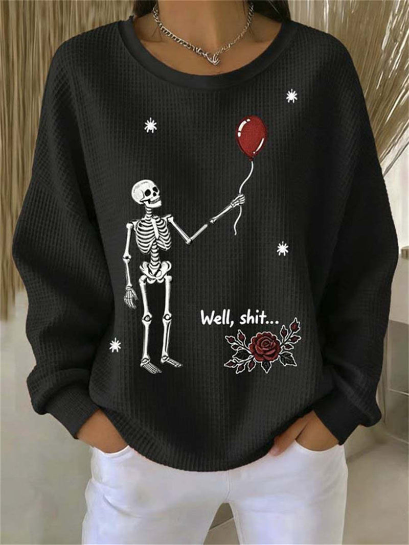 Women's Halloween Black Skeleton Balloon Rose Print Crew Neck Long Sleeve Top