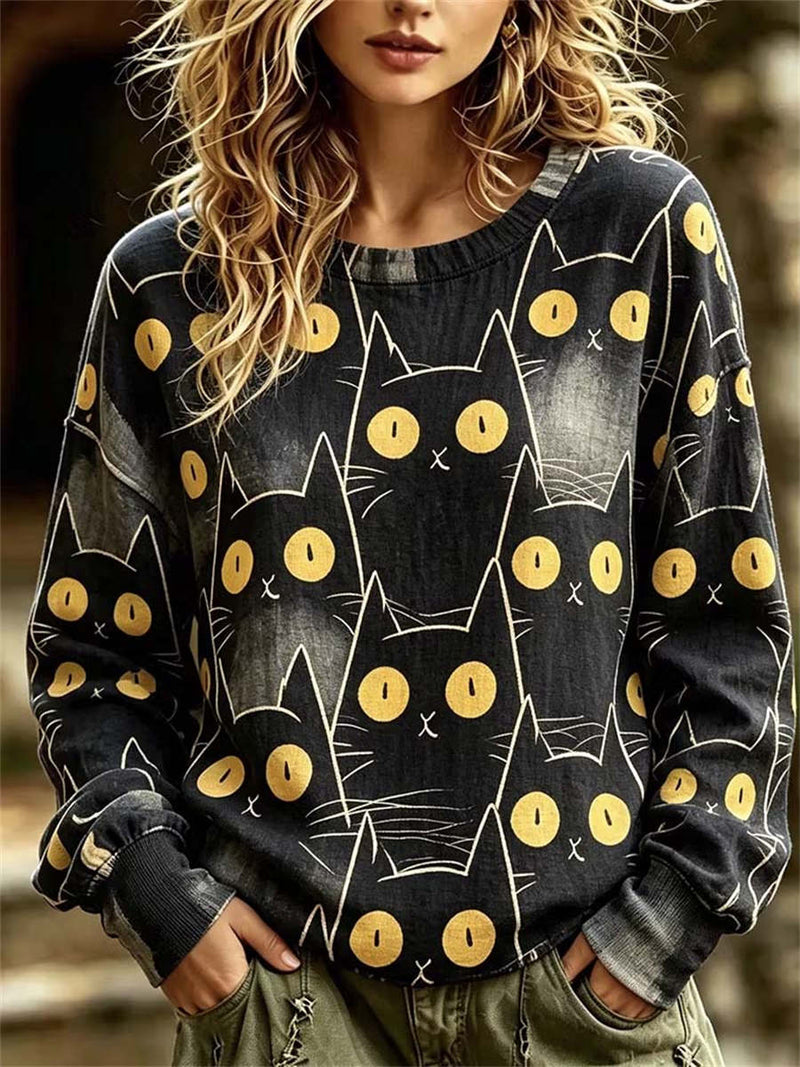 Women's Halloween Black All-Over Yellow-Eyed Black Cat Print Crew Neck Top