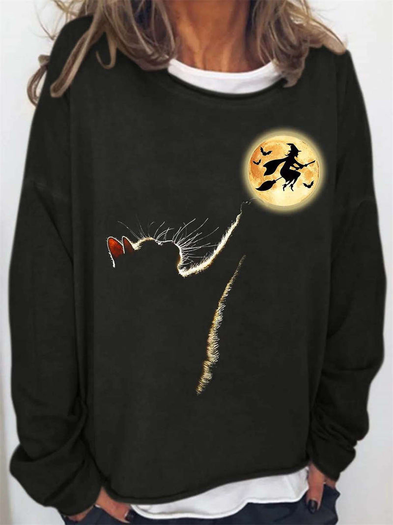 Women's Halloween Black Cat Witch Moon Round Neck Top