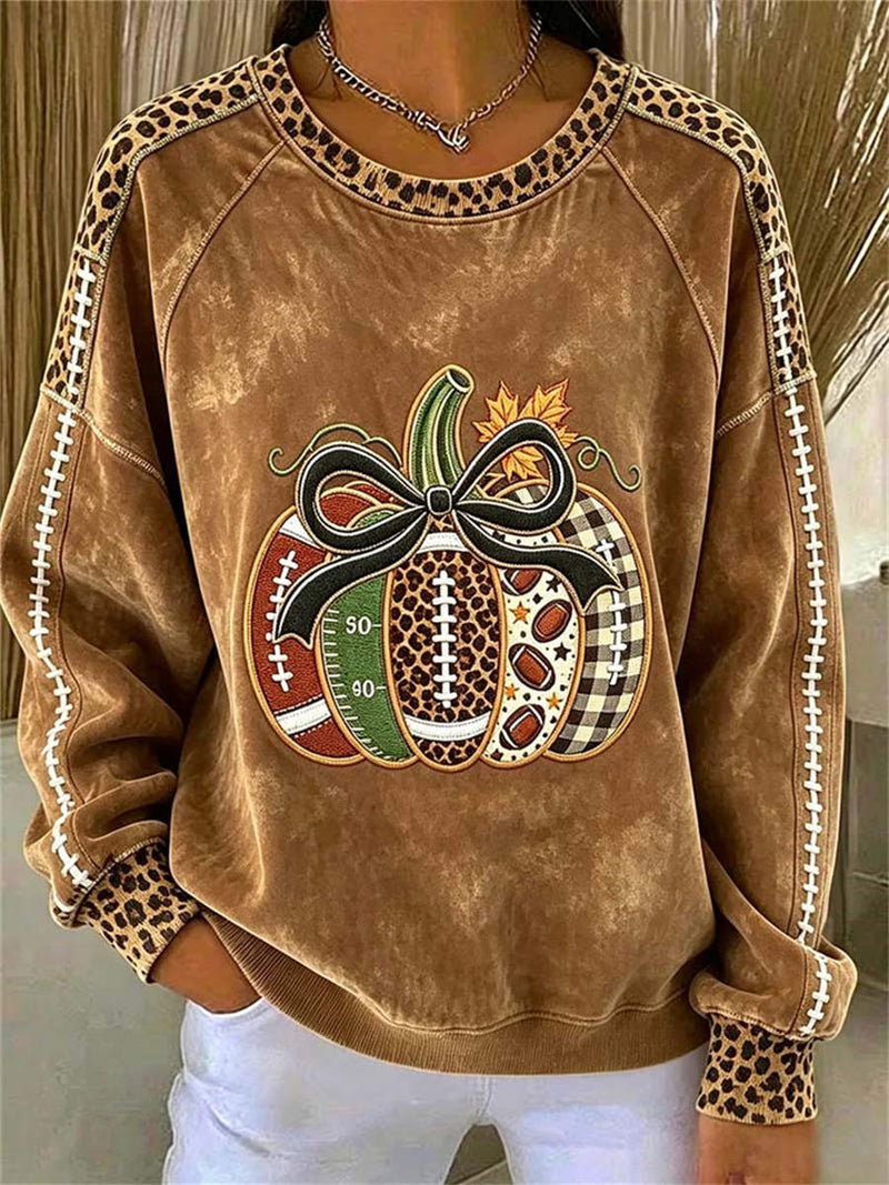 Women's Halloween Brown Pumpkin Football Graphic Crew Neck Long Sleeves Top