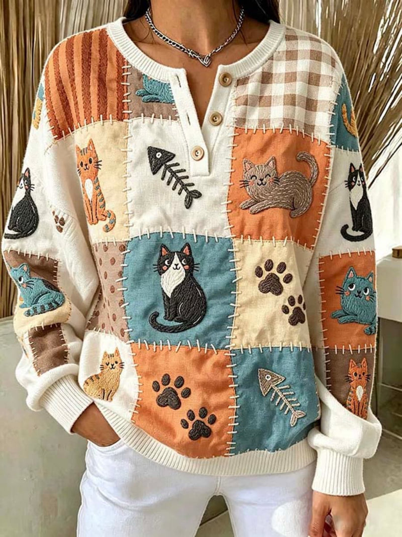 Women's Multi Cat Patchwork Print Henley Long Sleeve Top