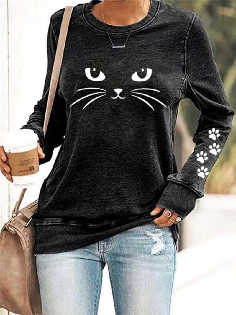 Women's Black Cat Face Print Round Neck Long Sleeve Top