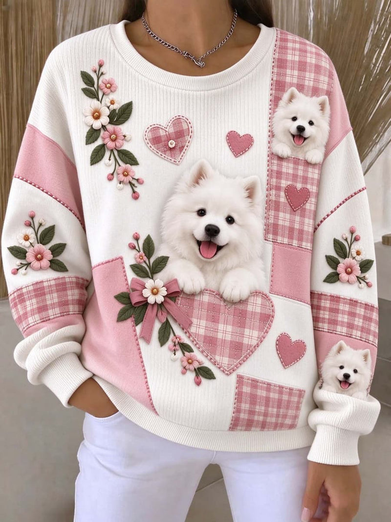 Women's White Samoyed Dog Print Crew Neck Long Sleeve Top