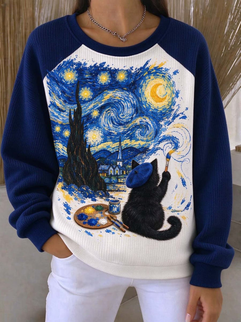 Women's Multi Starry Night Cat Print Crew Neck Raglan Long Sleeve Top
