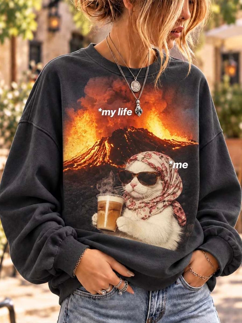Women's Charcoal Volcano Cat Graphic Round Neck Long Sleeve Top