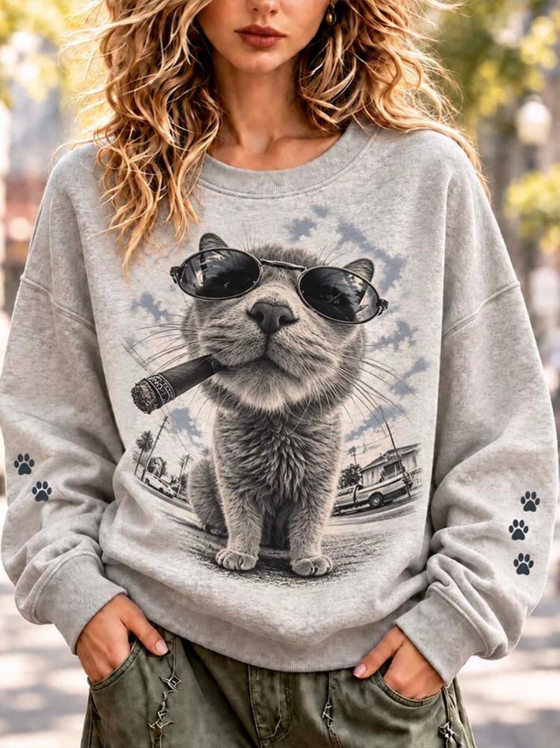 Women's Grey Cool Cat Graphic Round Neck Long Sleeve Top