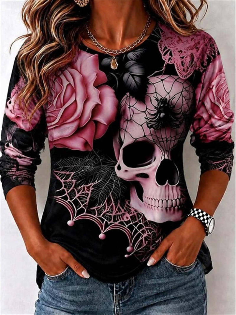 Women's Halloween Multi Skull Rose Spider Round Neck Long Sleeve Top