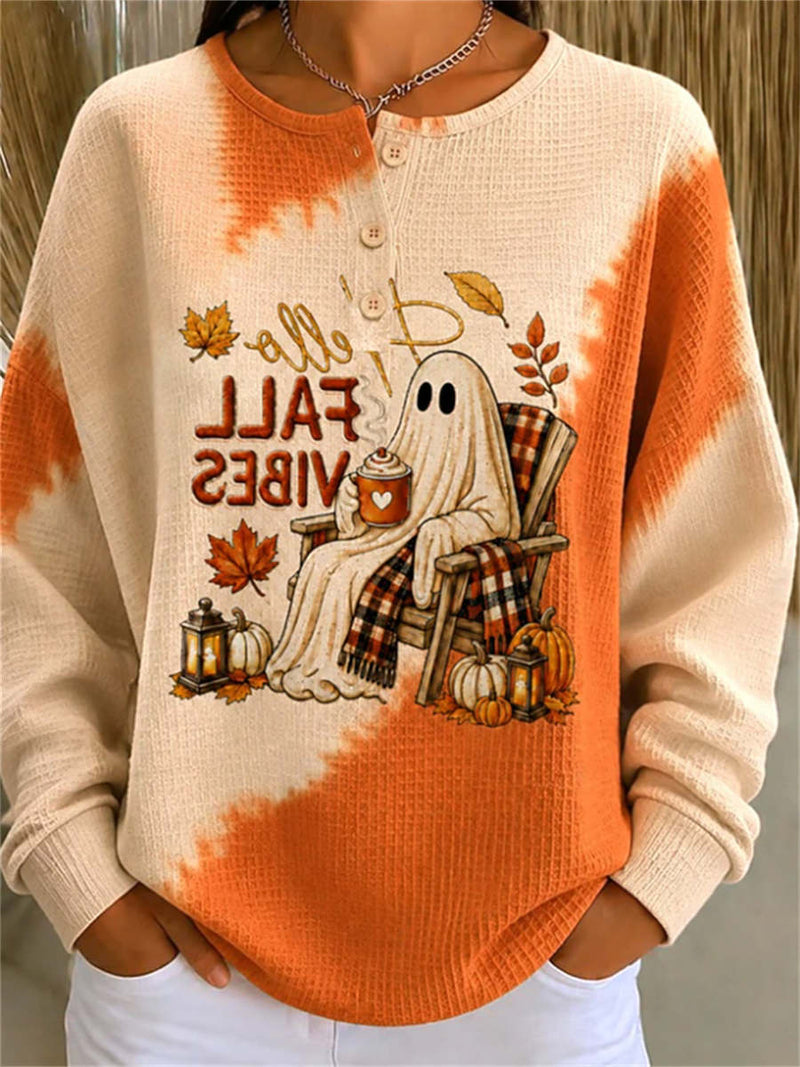Women's Halloween Multi Ghost Pumpkin Tie Dye Henley Neck Long Sleeve Top