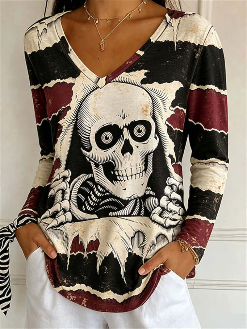 Women's Halloween Multi Skull Stripe V Neck Long Sleeve Top