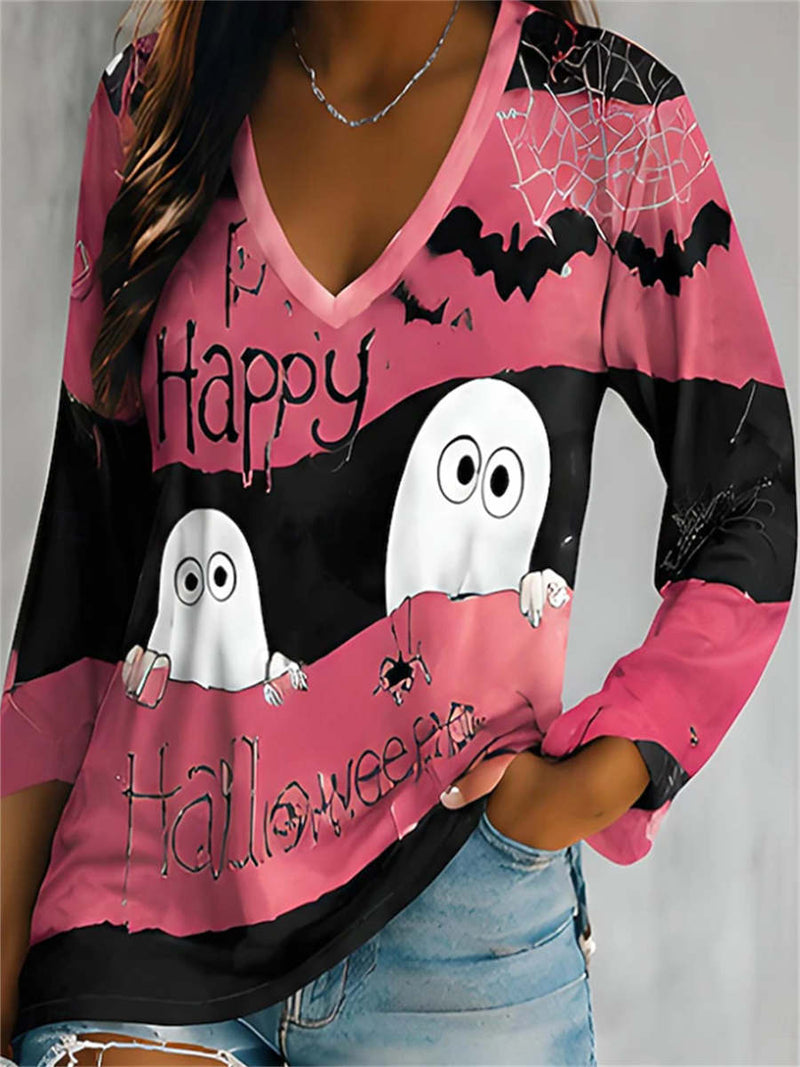 Women's Halloween Multi Ghost Bat Spider V Neck Long Sleeve Top