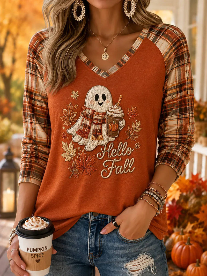 Women's Halloween Rust Ghost Fall Plaid V Neck Long Sleeve Top