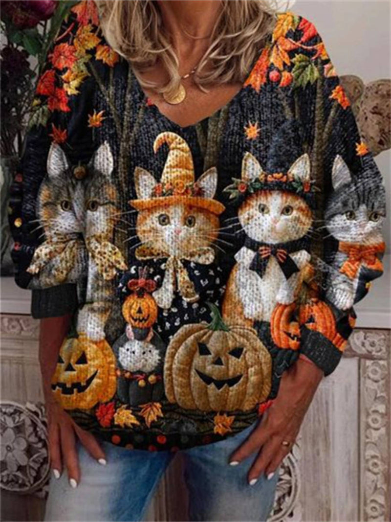 Women's Halloween Multi Cat Pumpkin Maple V Neck Long Sleeve Top