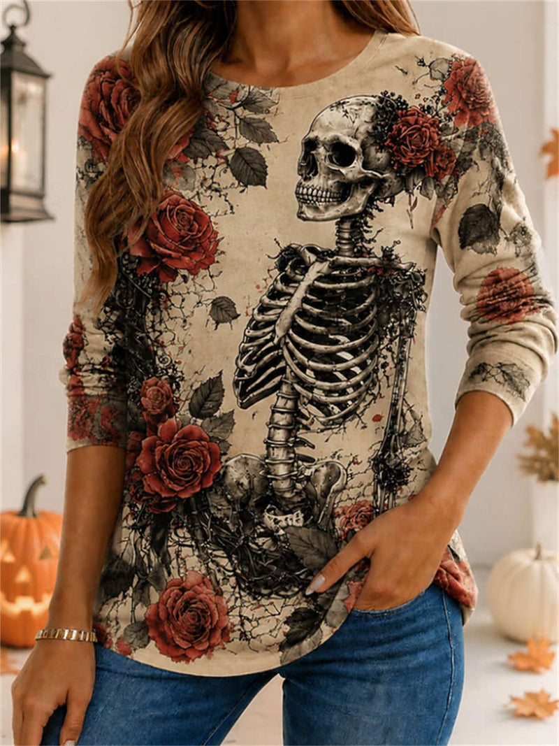 Women's Halloween Beige Skull Rose Print Round Neck Long Sleeve Top