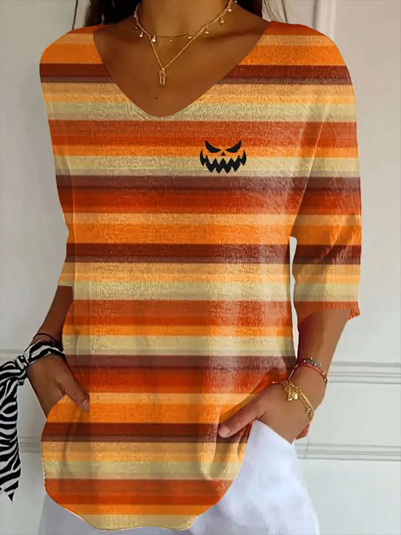 Women's Halloween Multi Stripe Pumpkin Face Print V Neck Three Quarter Sleeve Top