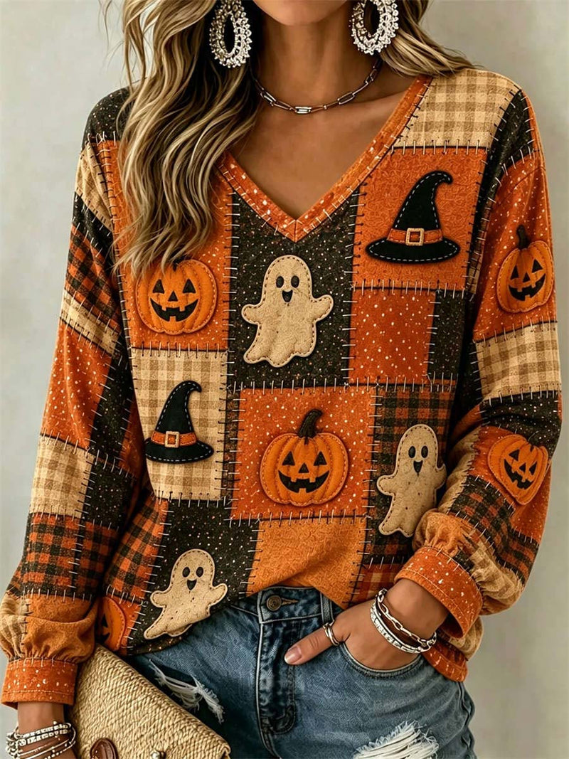 Women's Halloween Multi Plaid Ghost Pumpkin Patchwork V Neck Long Sleeve Top