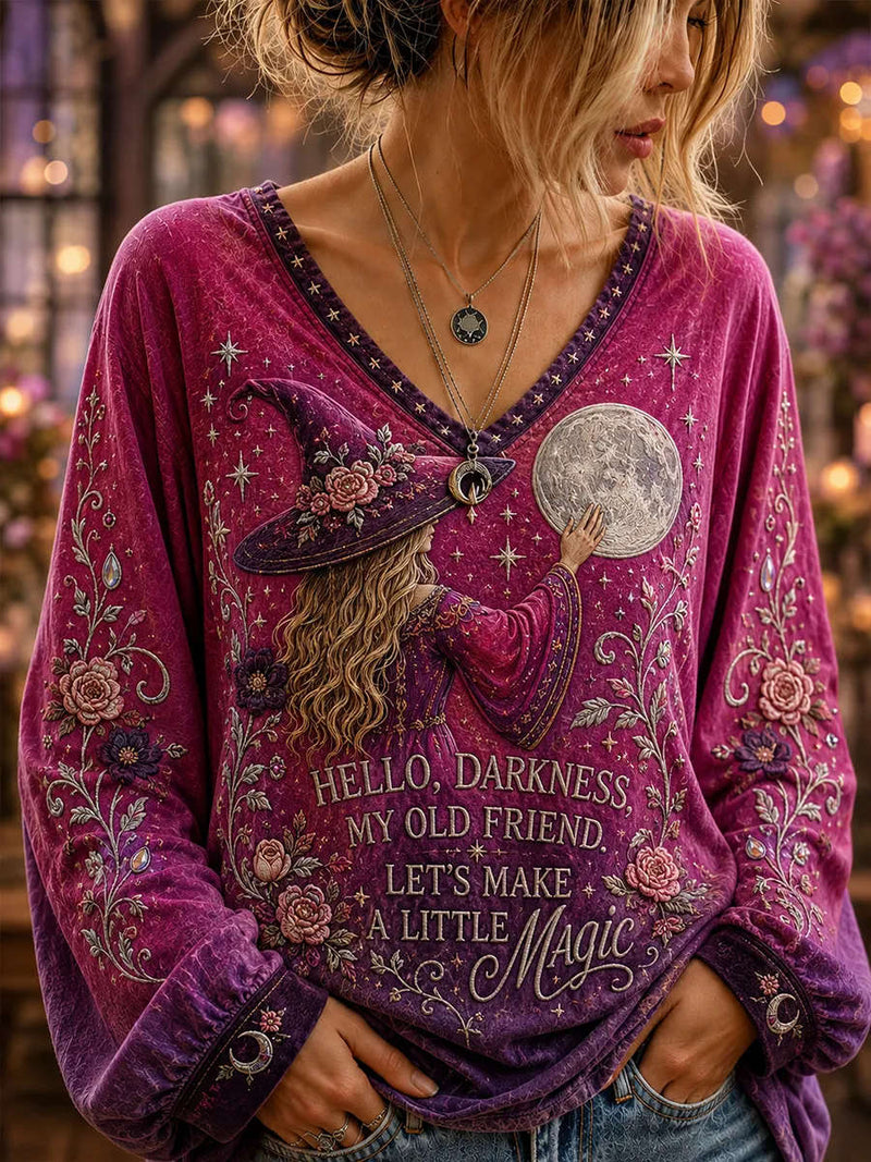 Women's Halloween Purple Witch Moon Floral Print V Neck Long Sleeve Top