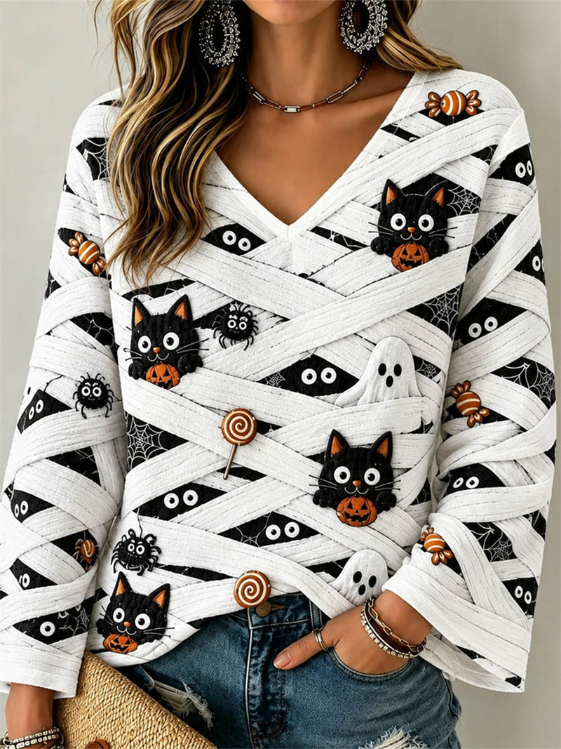Women's Halloween White Pumpkin Face Cat Print V Neck Long Sleeve Top